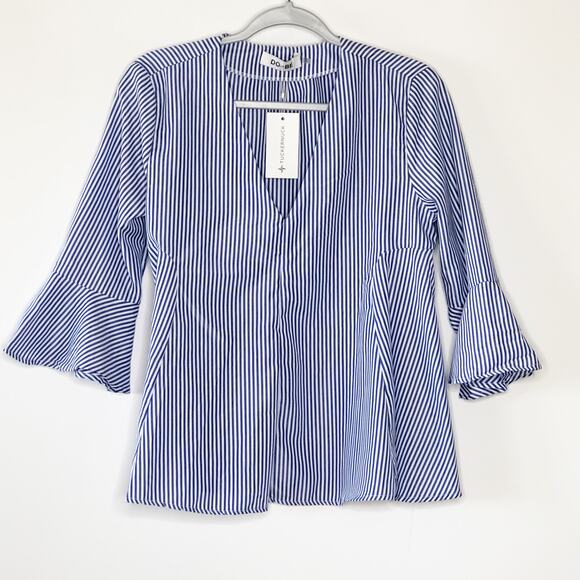 DO + BE Large Top Bell Sleeve Nautical Beachy Blue Stripe V Neck NEW! - Picture 5 of 9